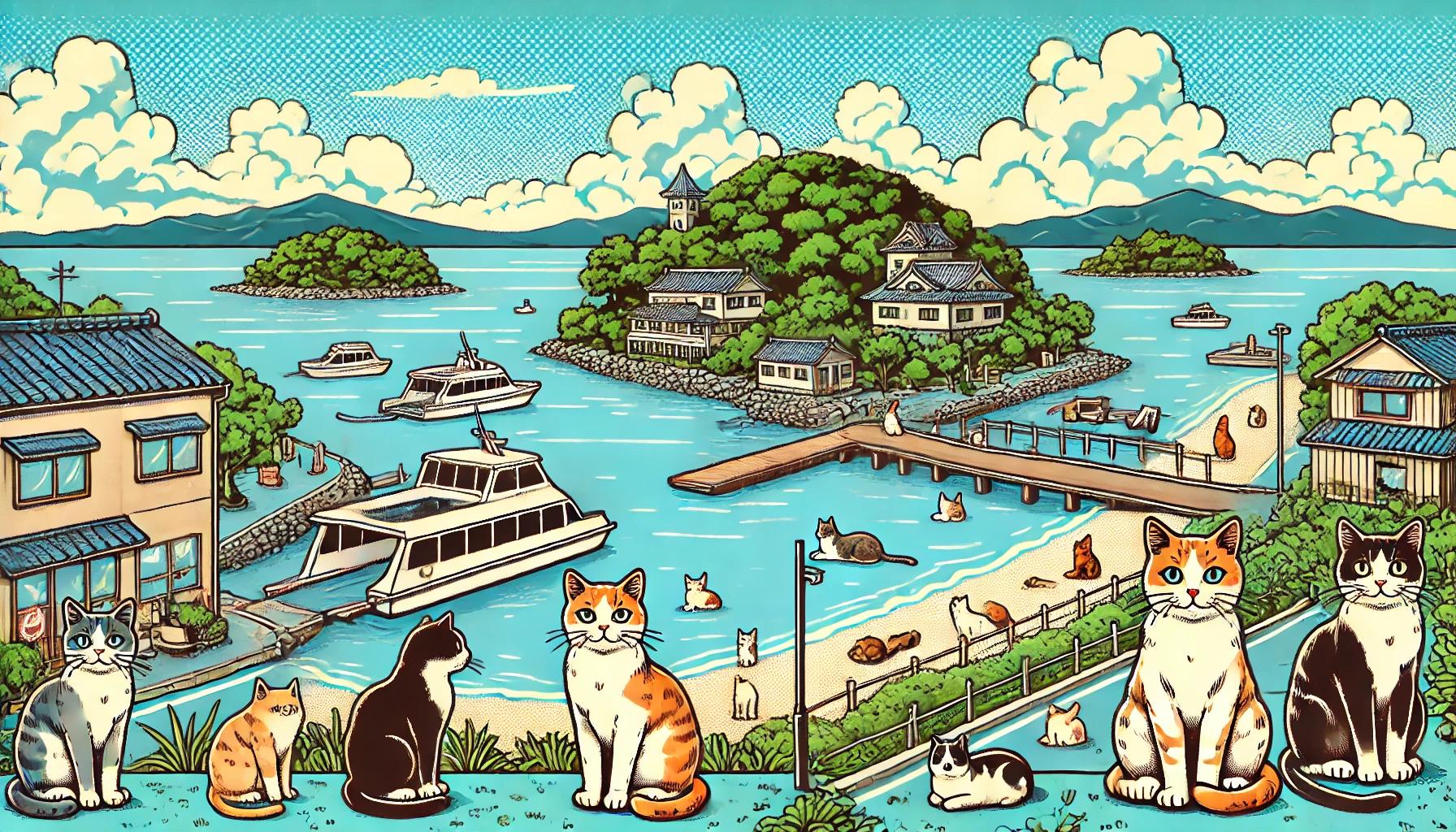 福岡猫島の風景を描いたポップなイラスト。海沿いに猫が集まり、フェリーや緑豊かな自然が広がる猫島の景色を楽しめる様子。