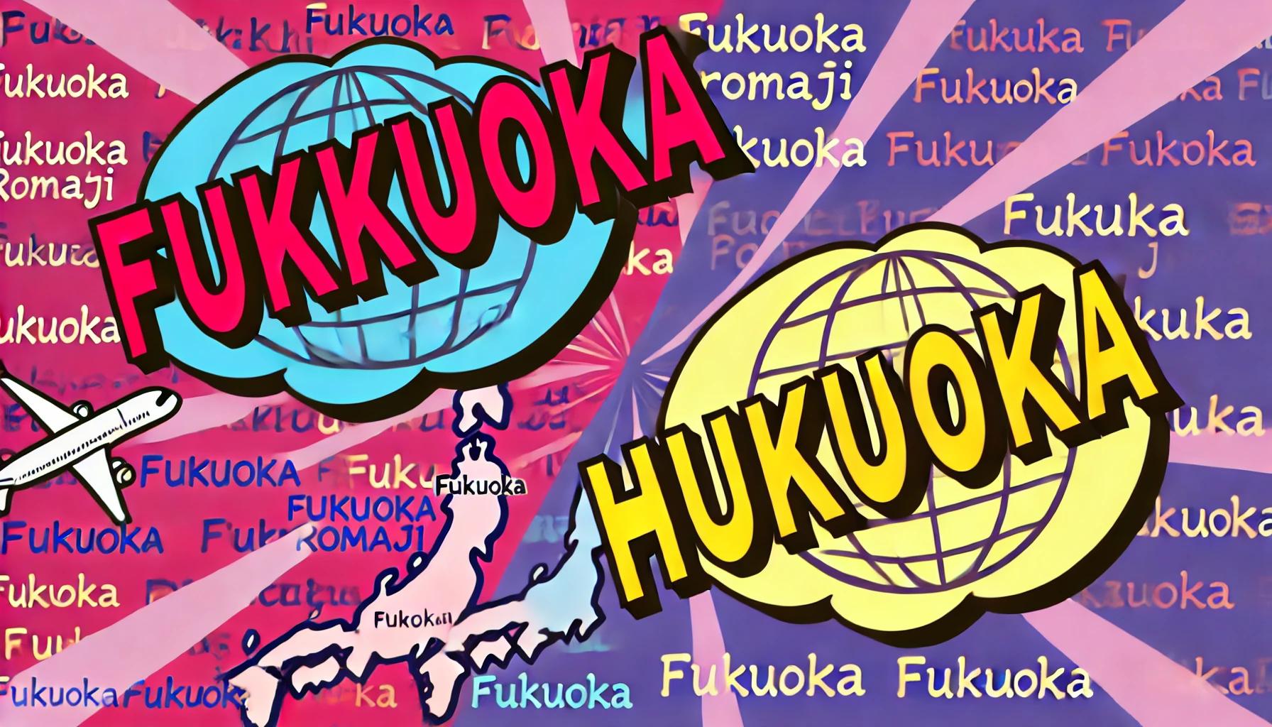 福岡のローマ字表記に関するポップなイラスト。FukuokaとHukuokaの違いを示し、福岡の地図と国際的な要素を背景にしたデザイン。