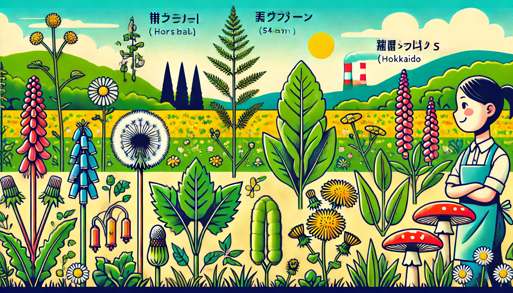 北海道の庭や畑に生息する代表的な雑草をポップなイラストで描いた画像