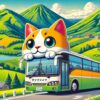 北海道の戸外炉峠にあるネコバスを描いたポップなイラスト。山や自然の風景が広がり、ネコバスが中央に描かれている