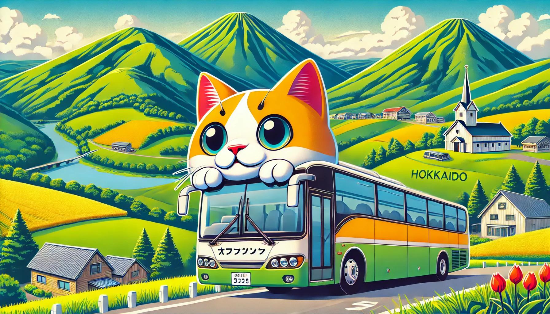 北海道の戸外炉峠にあるネコバスを描いたポップなイラスト。山や自然の風景が広がり、ネコバスが中央に描かれている