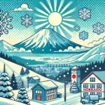 北海道の11月に降り始める雪を描いたポップなイラスト。雪景色の中に山や雪に覆われた建物が広がり、北海道の冬の訪れを表現したデザイン。