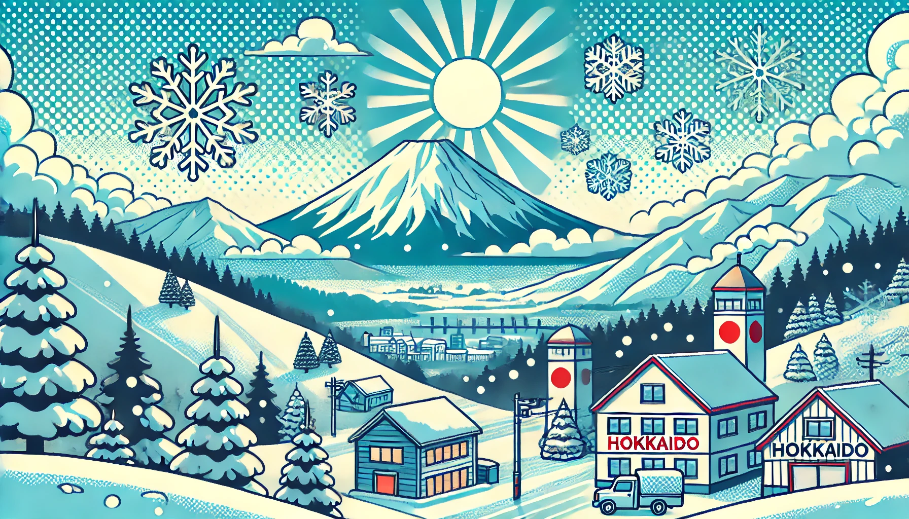 北海道の11月に降り始める雪を描いたポップなイラスト。雪景色の中に山や雪に覆われた建物が広がり、北海道の冬の訪れを表現したデザイン。