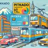 北海道の交通機関でpitapaが利用できるエリアを示す、ポップなイラスト画像。電車、バス、市電とpitapaカードが描かれており、札幌や函館での利用を視覚的に表現している。