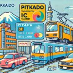 北海道の交通機関でpitapaが利用できるエリアを示す、ポップなイラスト画像。電車、バス、市電とpitapaカードが描かれており、札幌や函館での利用を視覚的に表現している。