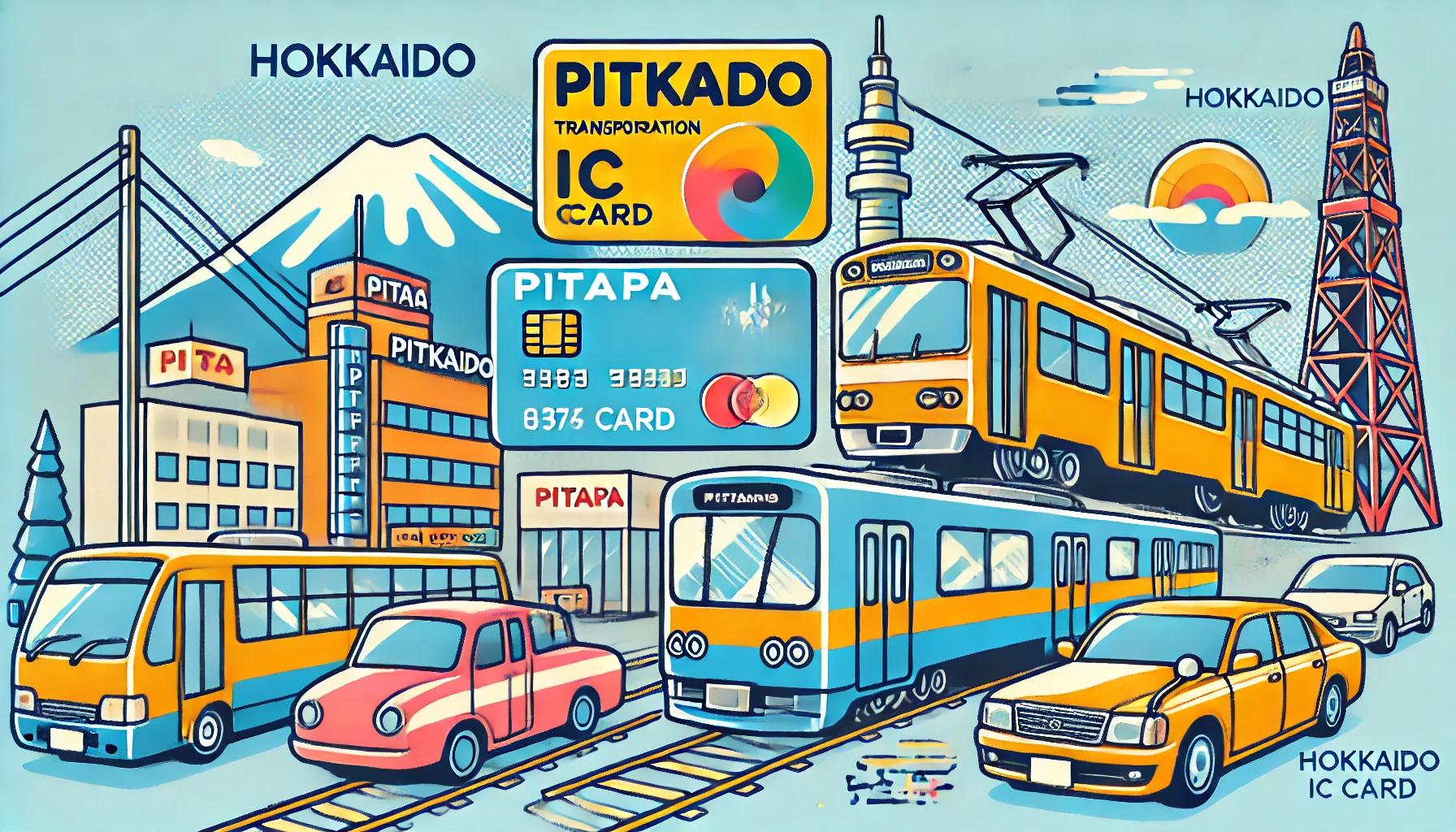 北海道の交通機関でpitapaが利用できるエリアを示す、ポップなイラスト画像。電車、バス、市電とpitapaカードが描かれており、札幌や函館での利用を視覚的に表現している。