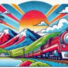 北海道の鉄道の歴史を象徴する、ポップなイラスト画像。背景には北海道の美しい山や森が描かれ、列車が景色を走り抜けている。