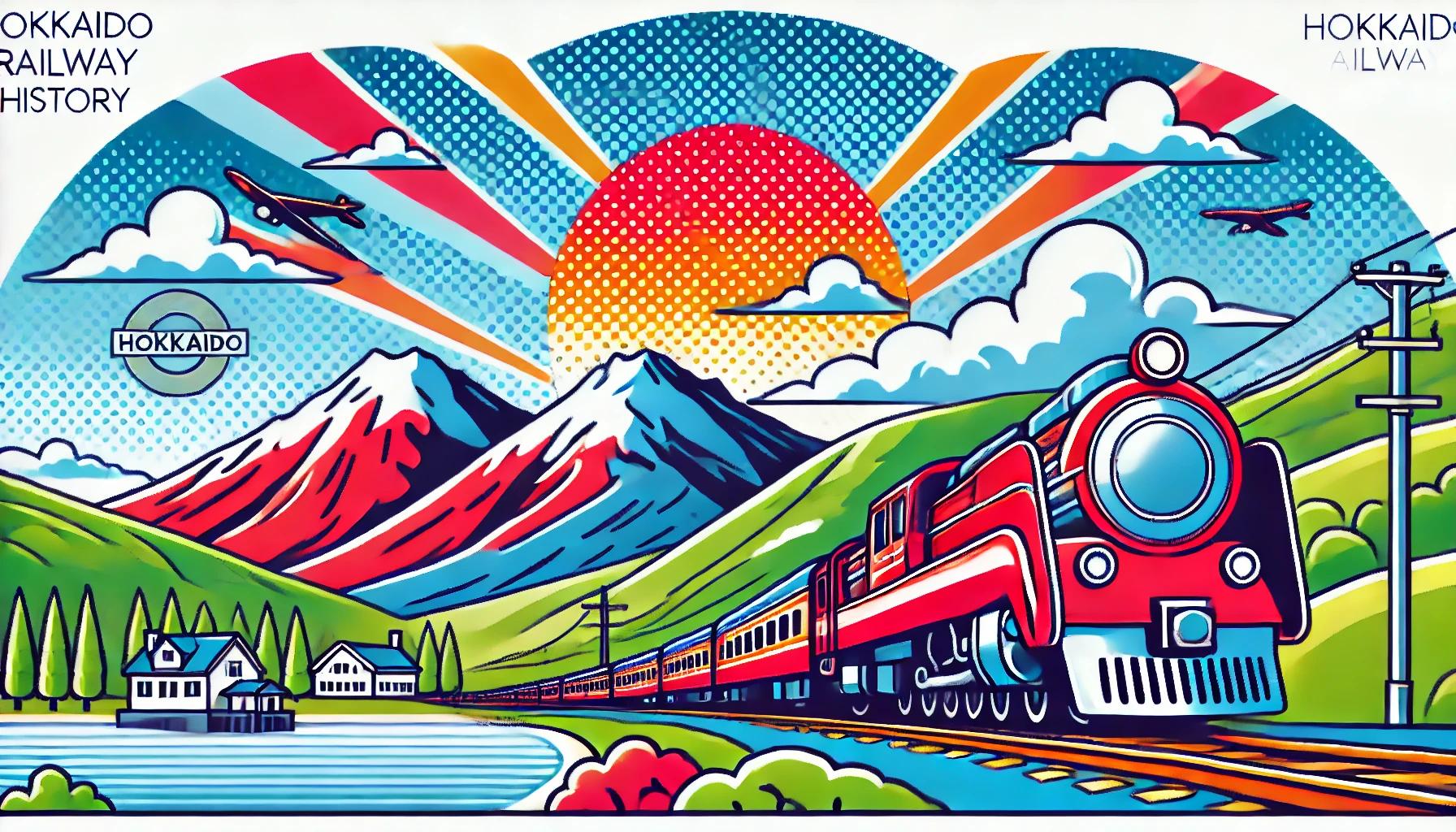 北海道の鉄道の歴史を象徴する、ポップなイラスト画像。背景には北海道の美しい山や森が描かれ、列車が景色を走り抜けている。