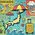 北海道9月の台風シーズンに関連する旅行対策をポップなイラストで表現した画像。強風や雨、傘、旅行アイコンが描かれており、9月の北海道旅行中の台風の影響を伝える内容になっている。