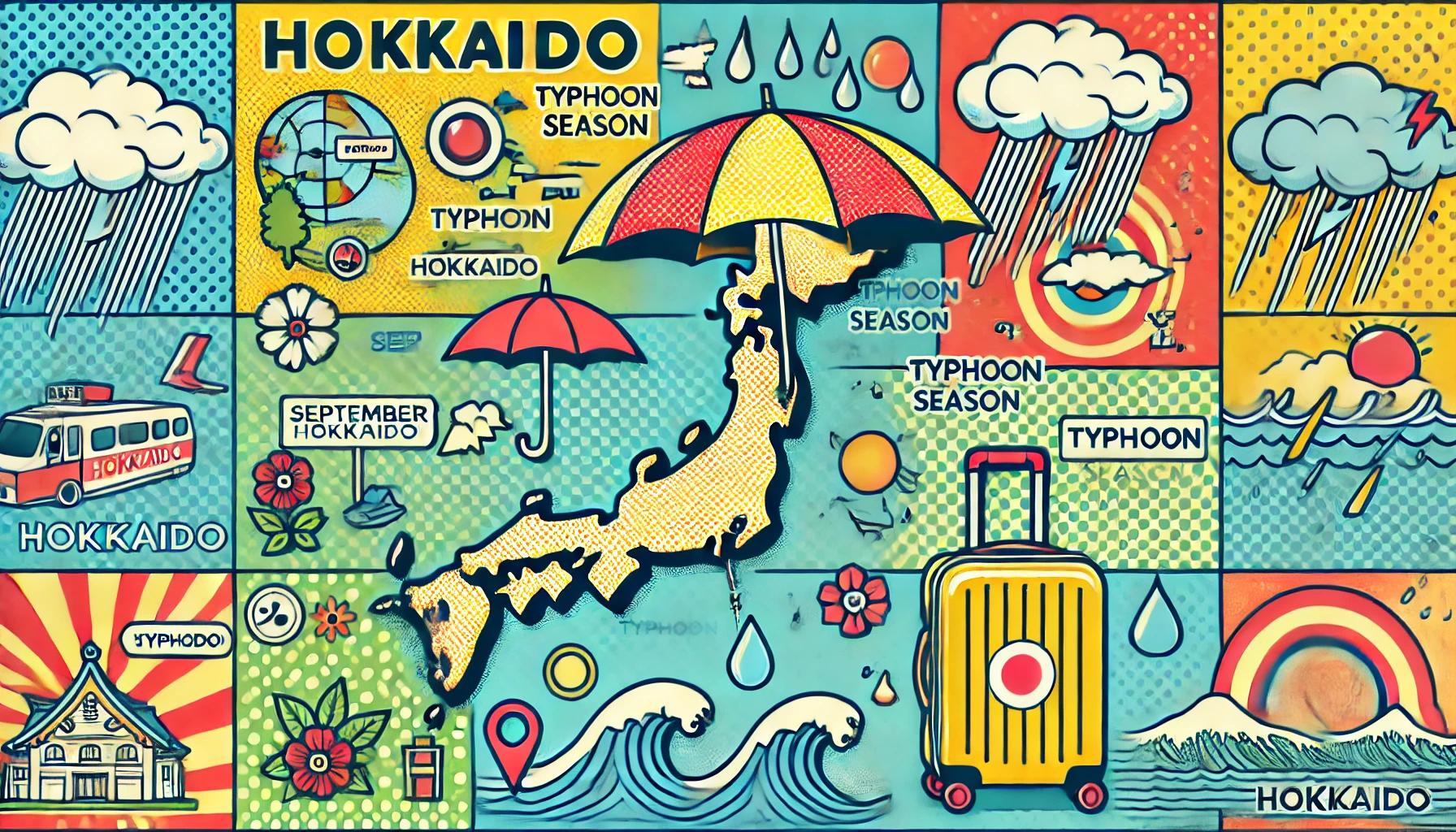 北海道9月の台風シーズンに関連する旅行対策をポップなイラストで表現した画像。強風や雨、傘、旅行アイコンが描かれており、9月の北海道旅行中の台風の影響を伝える内容になっている。