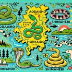 北海道の蛇の種類と生息地を示すポップなイラスト。アオダイショウ、シマヘビ、マムシが描かれており、背景には北海道の地図と自然環境が表現されている。