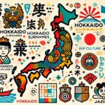 北海道の苗字ランキングを象徴するポップなイラスト。北海道の地図や家紋などが描かれ、北海道の苗字に関する文化や特徴を表現しているデザイン。