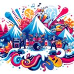 北海道のバンドが演奏しているポップなイラスト。背景には北海道の自然を象徴する山や木々が描かれており、楽器を演奏するメンバーが生き生きとした表情でステージに立っている。