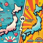 北海道と本州の比較を示すポップなイラスト。地図上で北海道と本州の大きさや形状を視覚的に比較している画像です。