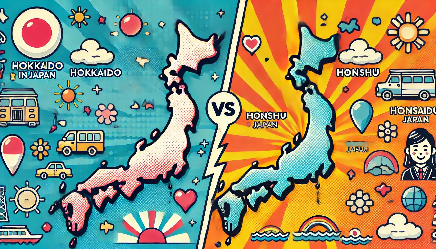 北海道と本州の比較を示すポップなイラスト。地図上で北海道と本州の大きさや形状を視覚的に比較している画像です。