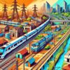 インドのインフラ開発を描いたポップなイラスト。都市部の鉄道や高速道路と、農村部の未整備の道路や建物が対比され、インドインフラの発展と課題が表現されている。