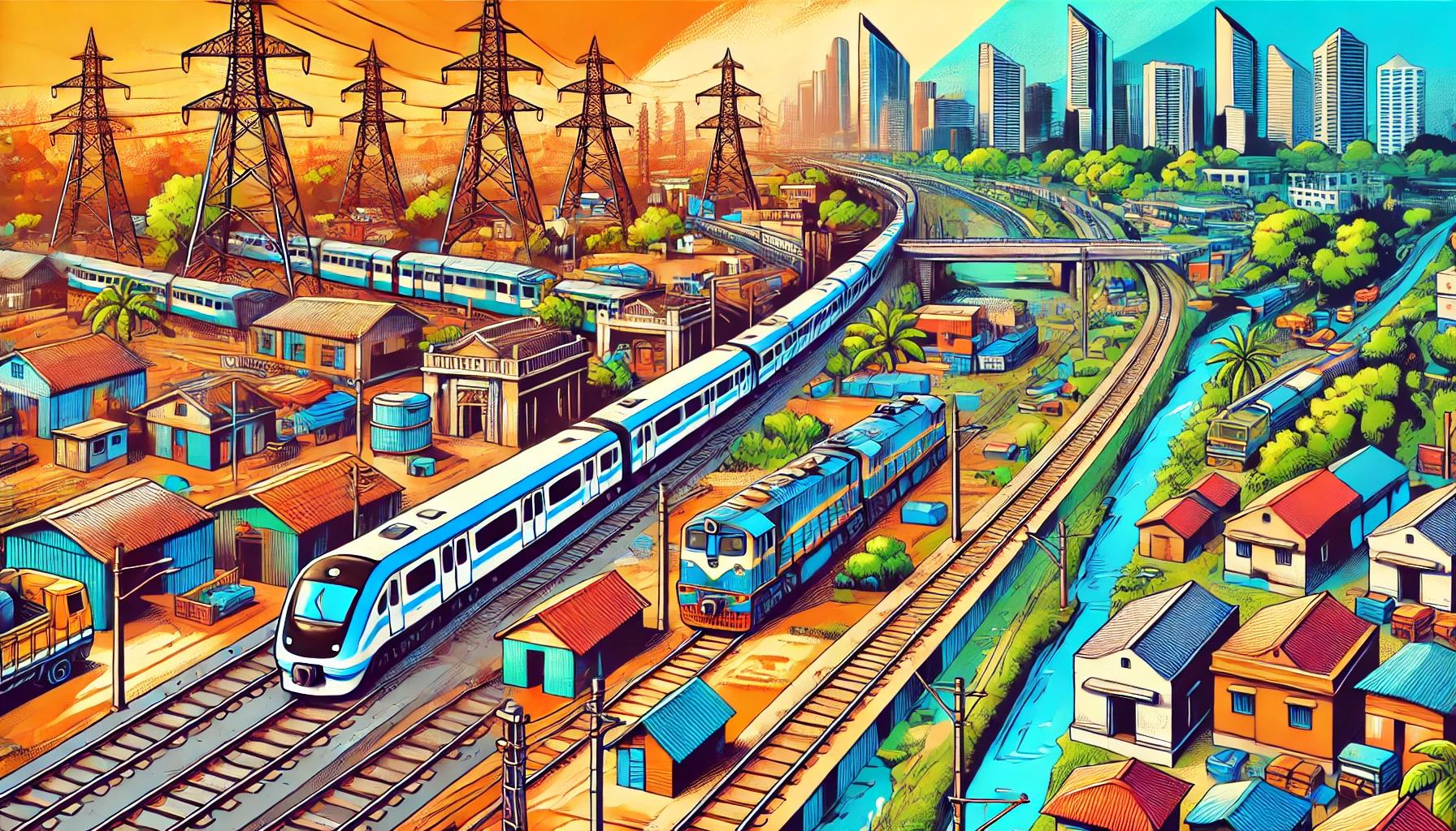 インドのインフラ開発を描いたポップなイラスト。都市部の鉄道や高速道路と、農村部の未整備の道路や建物が対比され、インドインフラの発展と課題が表現されている。