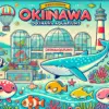 沖縄の水族館ガイドのポップなイラスト画像。ジンベエザメやマンタが泳ぐ水槽を背景に、カラフルな海洋生物やサンゴが描かれ、南国の雰囲気が感じられるデザイン