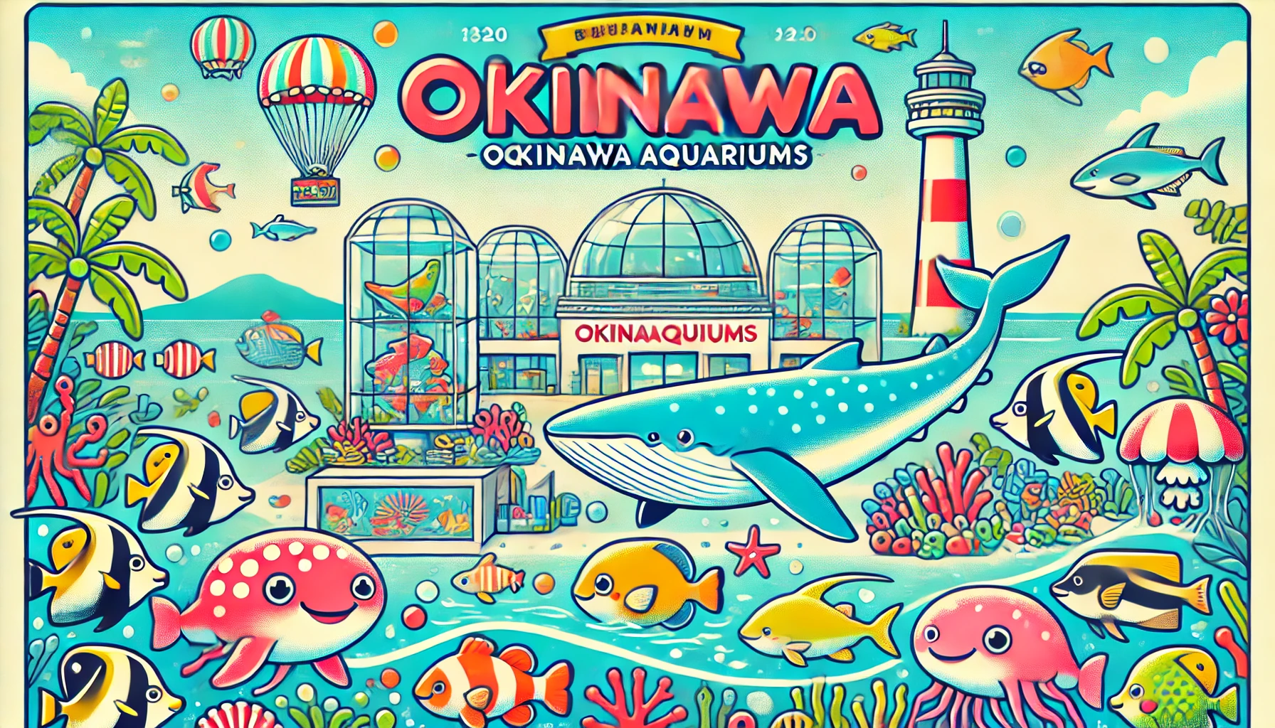 沖縄の水族館ガイドのポップなイラスト画像。ジンベエザメやマンタが泳ぐ水槽を背景に、カラフルな海洋生物やサンゴが描かれ、南国の雰囲気が感じられるデザイン