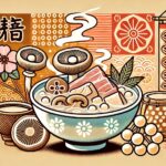 沖縄のお正月料理「中身汁」のポップなイラスト。澄まし汁の中に豚モツ、椎茸、こんにゃくが入っており、温かさが伝わるデザイン。沖縄では雑煮の代わりに中身汁が食べられる文化を表現している。