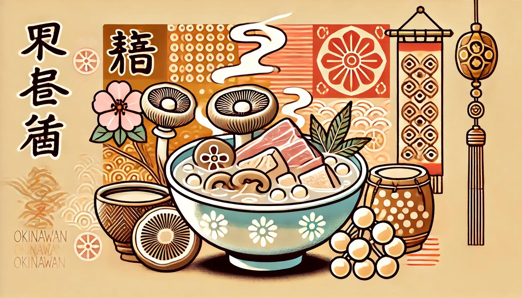 沖縄のお正月料理「中身汁」のポップなイラスト。澄まし汁の中に豚モツ、椎茸、こんにゃくが入っており、温かさが伝わるデザイン。沖縄では雑煮の代わりに中身汁が食べられる文化を表現している。