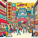 沖縄のれん街の賑やかな雰囲気を表現したポップなイラスト。食べ歩きが楽しめる国際通りで、多彩な飲食店や沖縄料理が並び、観光客が楽しんでいる様子が描かれている。伝統的な沖縄の建物や提灯が並び、活気ある沖縄のれん街の魅力を感じられるデザイン。