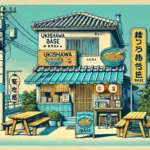 沖縄そばの店 浮島baseの外観を描いたポップなイラスト。青い外壁と木製の看板が特徴的で、外には沖縄の雰囲気を感じられる椅子や緑の木々が配置され、温かみのある雰囲気が伝わる。