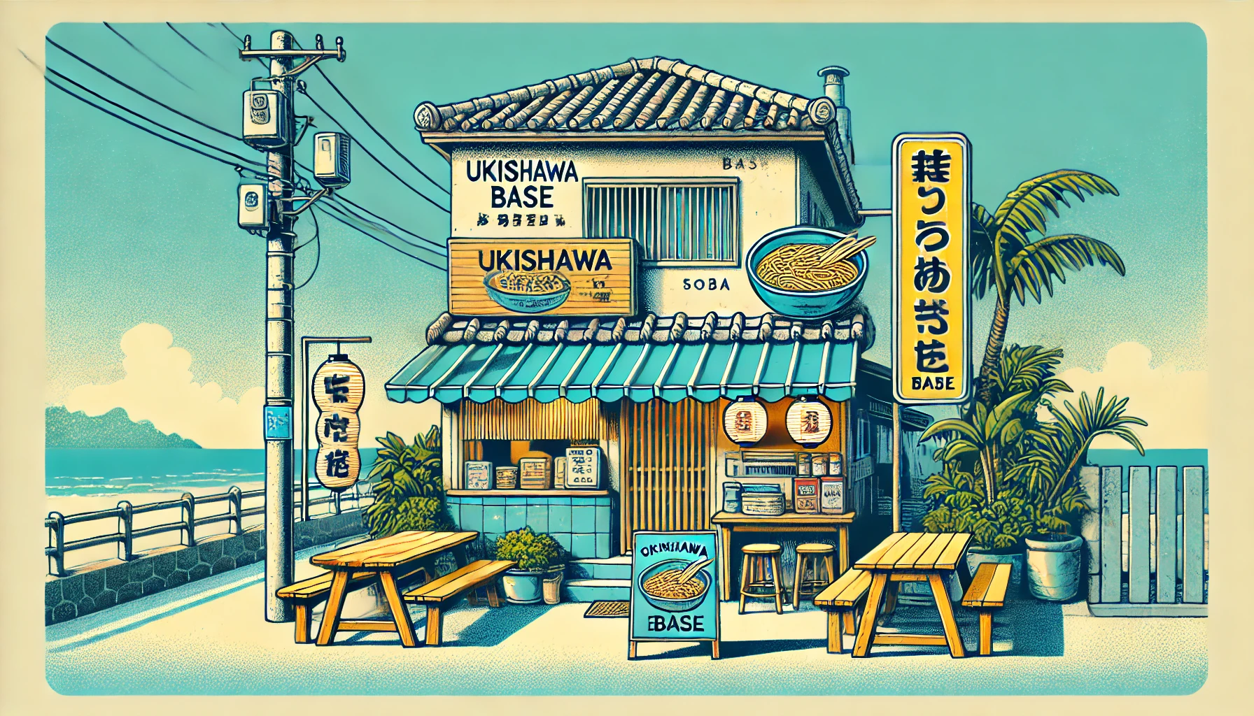 沖縄そばの店 浮島baseの外観を描いたポップなイラスト。青い外壁と木製の看板が特徴的で、外には沖縄の雰囲気を感じられる椅子や緑の木々が配置され、温かみのある雰囲気が伝わる。