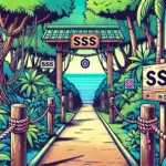 沖縄のsssの場所を示す入口のイラスト。熱帯の森に続く小道や縄で囲まれたエリア、木の看板に「sss」と書かれた表示があり、奥には沖縄らしい海やヤシの木が描かれたポップなデザイン。