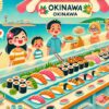 沖縄の寿司食べ放題を楽しむ人々のイラスト。長いビュッフェテーブルには新鮮な寿司が並び、家族や観光客が楽しく寿司を選んでいる様子が描かれ、背景には沖縄のビーチとトロピカルな雰囲気が広がっている。