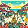 沖縄の街並みを背景に、屋根や公園でのんびり過ごす猫たちのポップなイラスト。沖縄の暖かい雰囲気と、猫たちの自由な暮らしを感じられる風景。