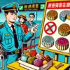 中国の空港の税関で、持ち込み禁止のお菓子である月餅が表示された看板を指差す職員と、禁止されたお菓子を持つ旅行者たちが描かれたポップなイラスト