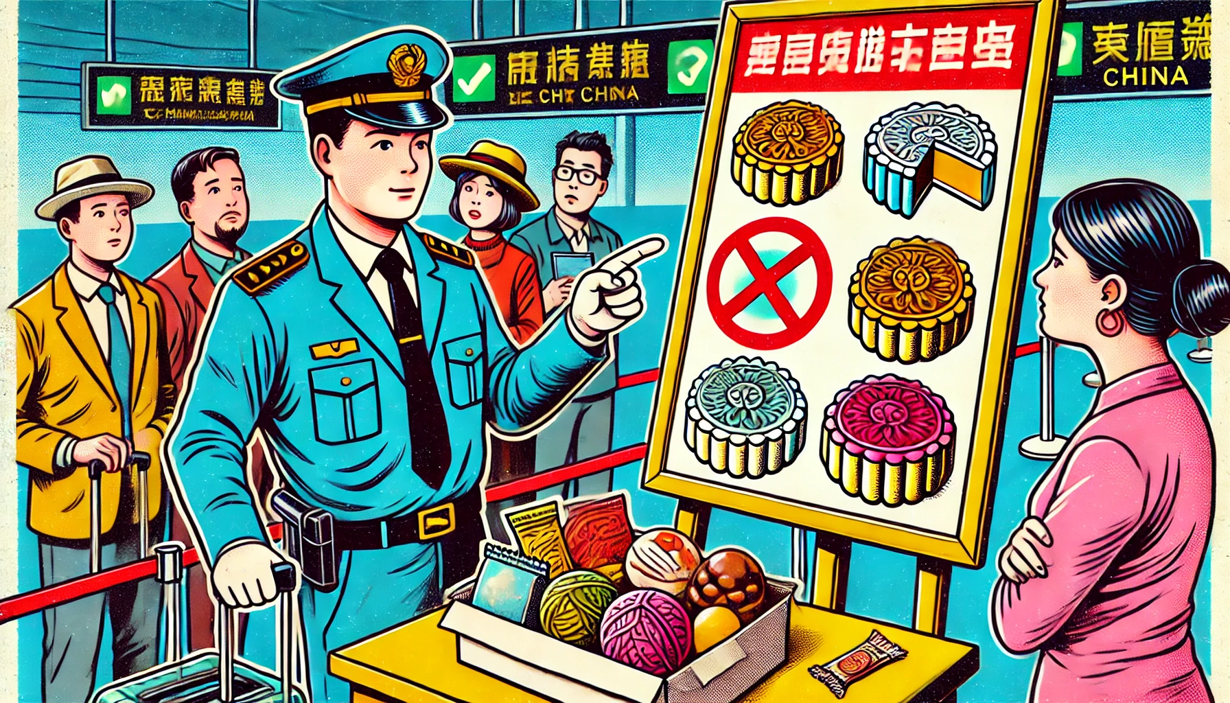 中国の空港の税関で、持ち込み禁止のお菓子である月餅が表示された看板を指差す職員と、禁止されたお菓子を持つ旅行者たちが描かれたポップなイラスト