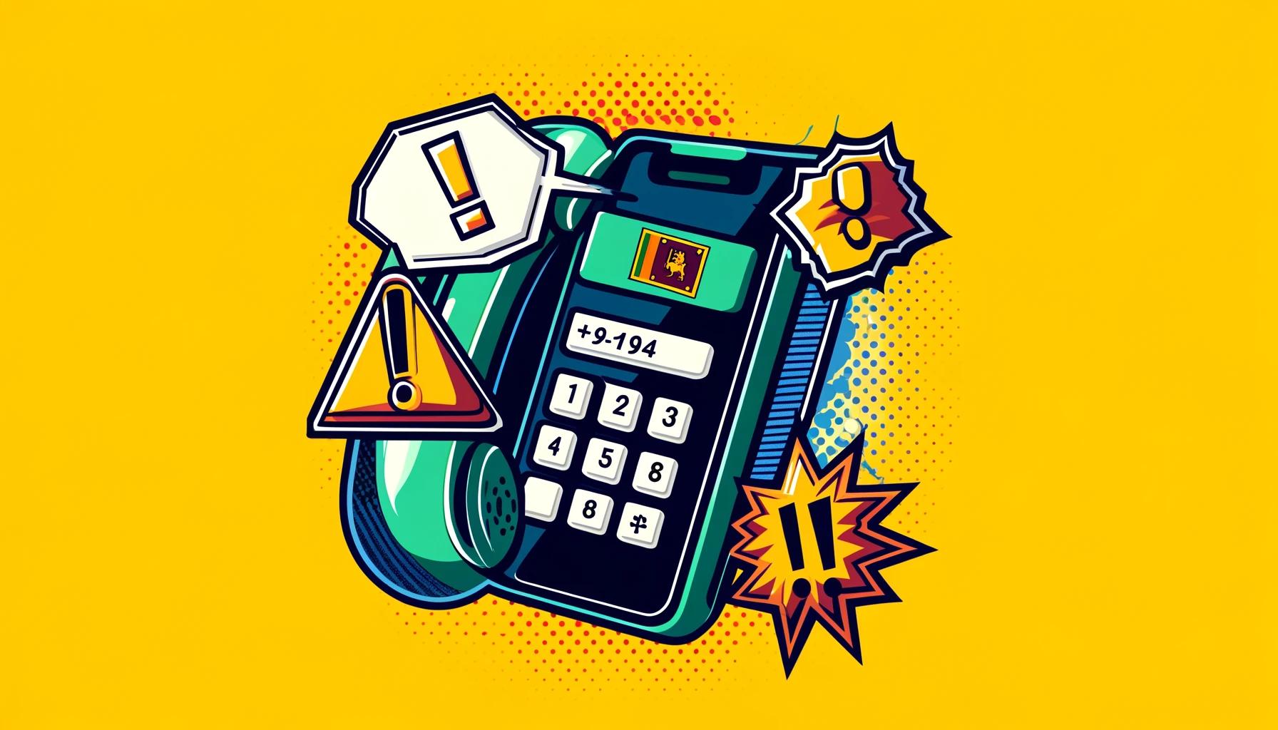 スリランカ電話詐欺の警告を示すポップなイラスト。+94の国番号が表示されたスマートフォンと警告マークが描かれている。