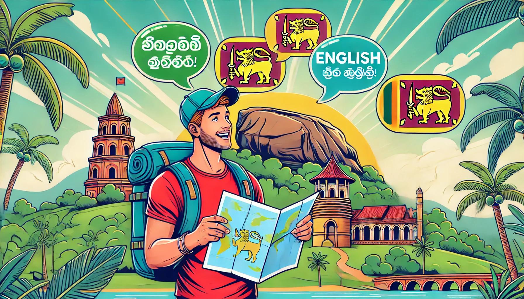 スリランカで英語が通じる状況を示すポップなイラスト。旅行者が地図を持ち、地元の人と英語で会話するシーンが描かれ、スリランカの象徴的な観光地であるシギリヤロックやヤシの木が背景にある。