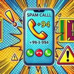 スリランカ迷惑電話の警告を示すポップなイラスト。スマートフォンの画面に+94からの迷惑電話着信が表示され、警告マークが強調されている。