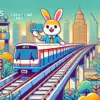 バンコクのBTS高架鉄道とラビットカードを持つ観光客を描いたポップなイラスト。クレジットカードの利用可否と交通手段の特徴が分かる内容を表現しています。