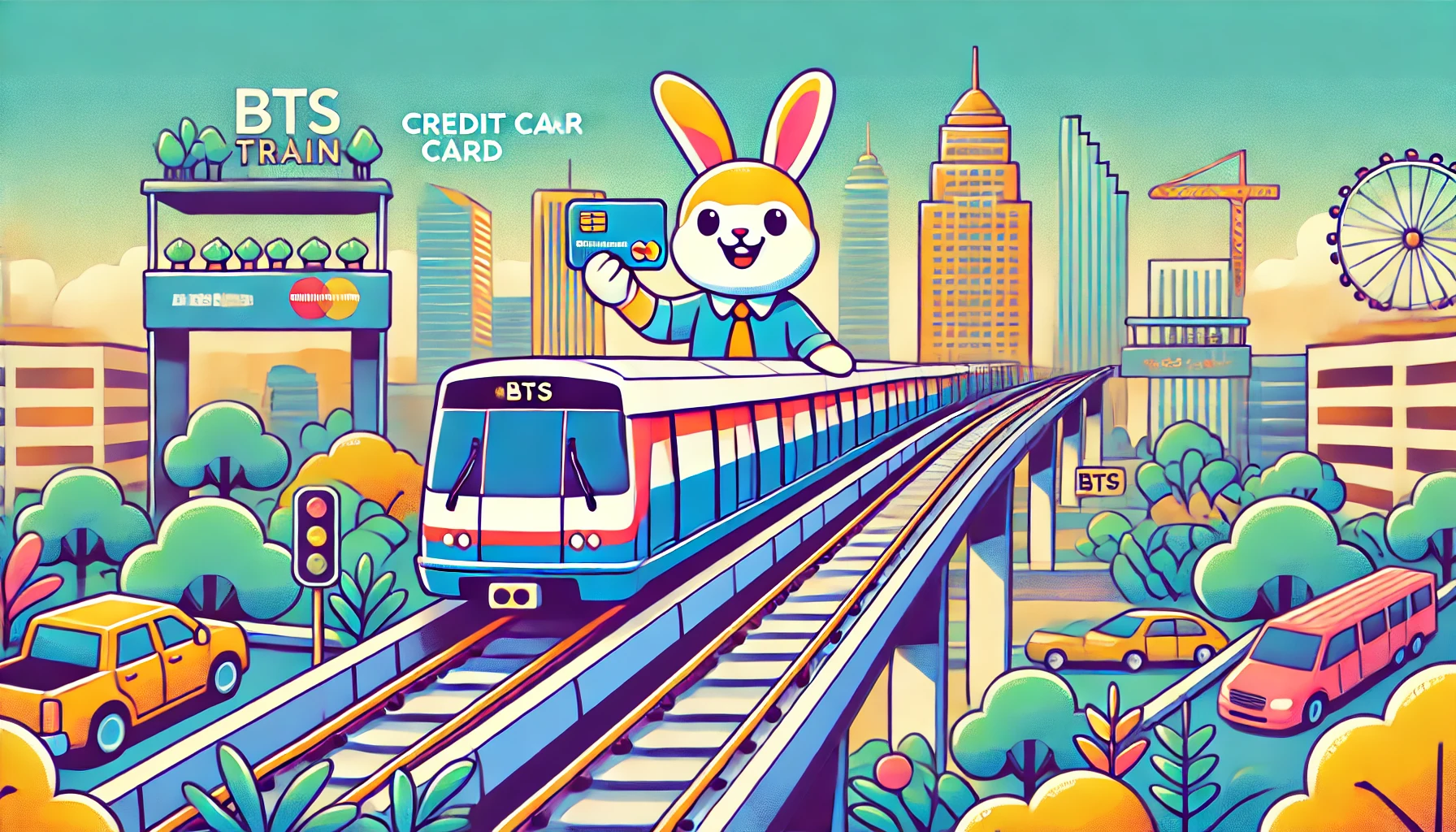 バンコクのBTS高架鉄道とラビットカードを持つ観光客を描いたポップなイラスト。クレジットカードの利用可否と交通手段の特徴が分かる内容を表現しています。