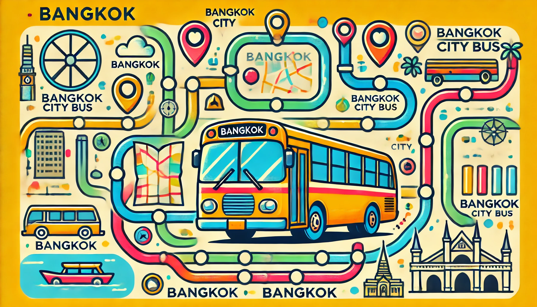 バンコクのバス路線図と市内バスをポップに描いたイラスト。バンコクバス路線図を使った移動方法をイメージさせる、明るいデザインのアイキャッチ画像。