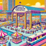 バンコクエンポリアムの外観とフードコート、BTSプロンポン駅直結の便利なアクセスをポップなイラストで描いた画像