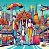 バンコクの家族旅行をイメージしたポップなイラスト。親子が子連れ旅行に便利なスポットや持ち物を楽しそうに計画している様子を描いている。