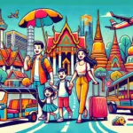 バンコクの家族旅行をイメージしたポップなイラスト。親子が子連れ旅行に便利なスポットや持ち物を楽しそうに計画している様子を描いている。