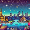 バンコクの夜景を描いたポップなイラスト。ワット・アルンやチャオプラヤー川、高層ビルのルーフトップバーがライトアップされた美しい風景が広がる夜景の魅力を表現しています。