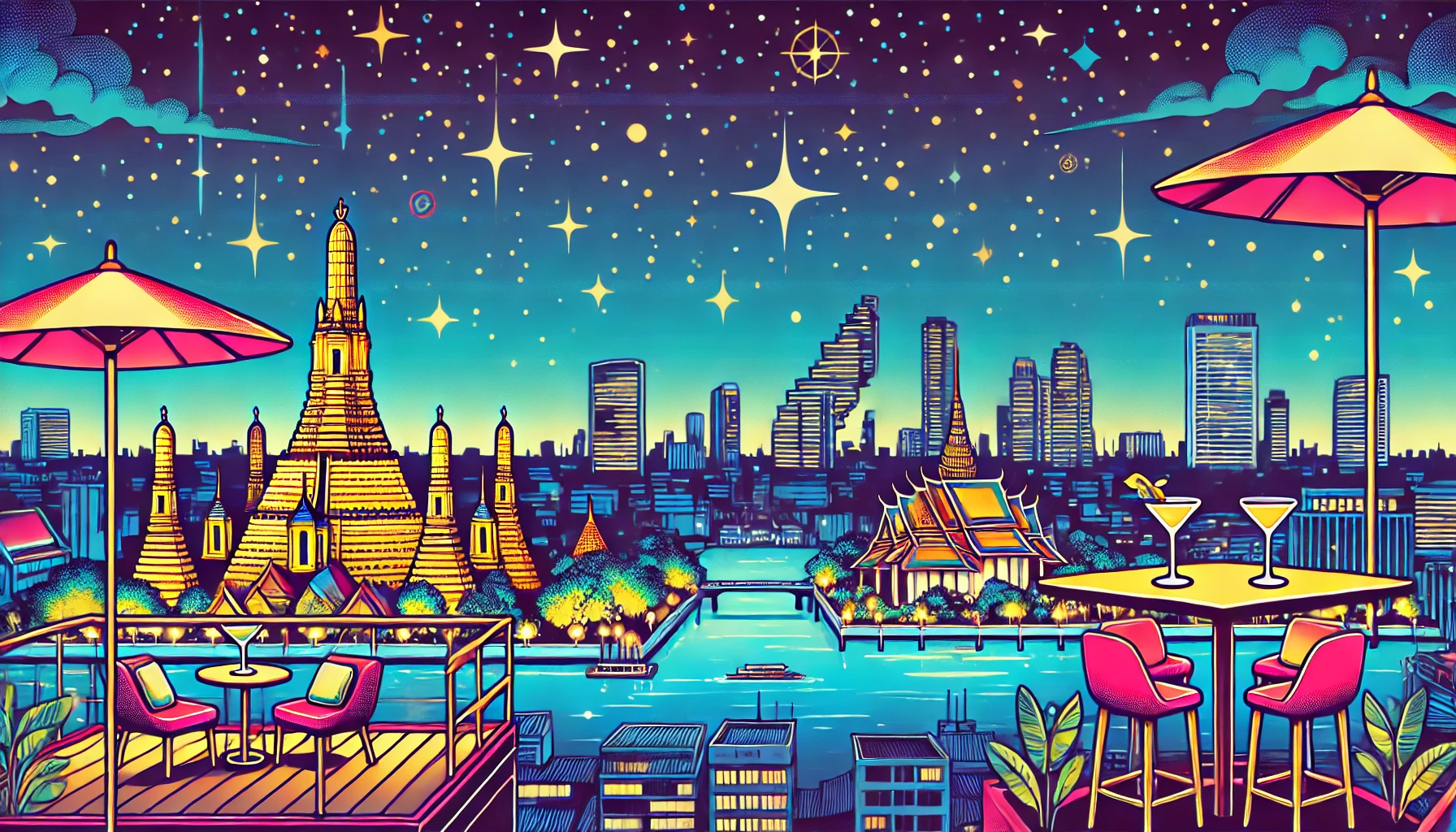 バンコクの夜景を描いたポップなイラスト。ワット・アルンやチャオプラヤー川、高層ビルのルーフトップバーがライトアップされた美しい風景が広がる夜景の魅力を表現しています。