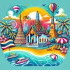 バンコクとプーケットの観光地を象徴するポップなイラスト。タイ旅行でバンコクとプーケット両方を楽しむ魅力を表現しています。ビーチや都市の活気を感じさせるデザインが特徴です。