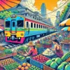 列車が市場を通過するバンコク鉄道市場の活気ある様子を描いたイラスト。地元の屋台や折りたたまれたテント、カラフルな商品が並び、観光名所としての魅力が表現されている。