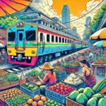 列車が市場を通過するバンコク鉄道市場の活気ある様子を描いたイラスト。地元の屋台や折りたたまれたテント、カラフルな商品が並び、観光名所としての魅力が表現されている。