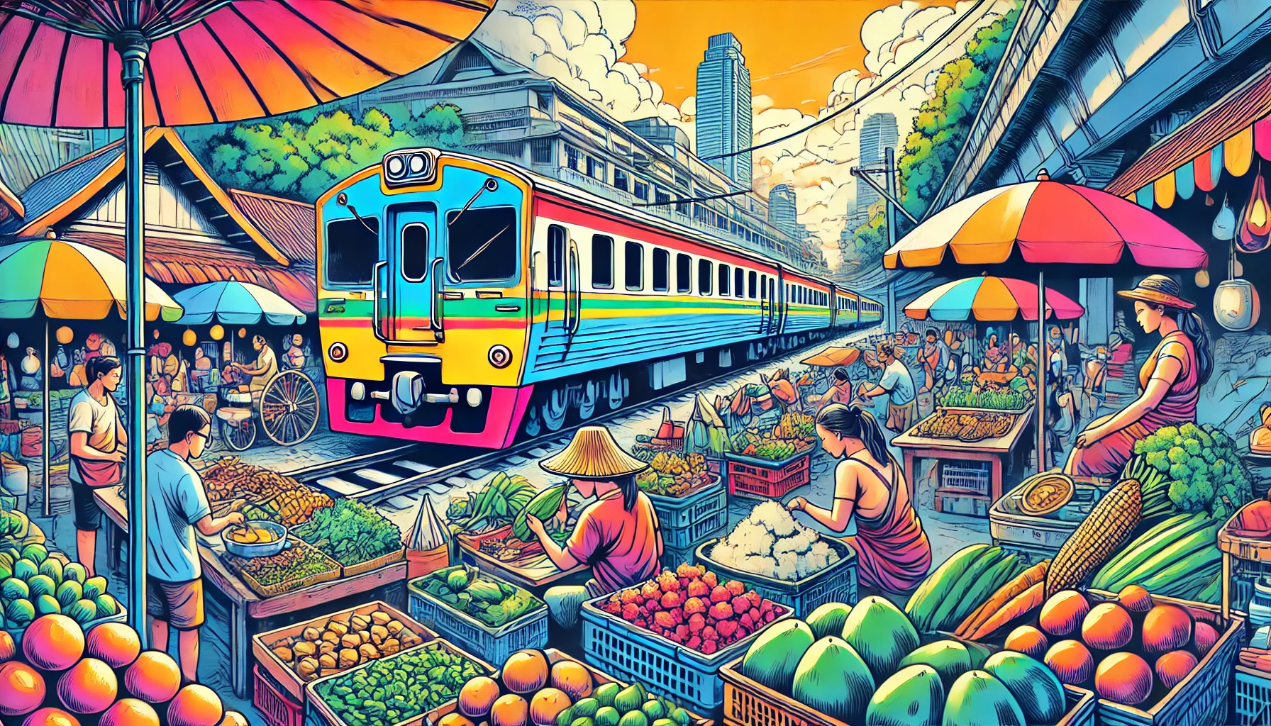 列車が市場を通過するバンコク鉄道市場の活気ある様子を描いたイラスト。地元の屋台や折りたたまれたテント、カラフルな商品が並び、観光名所としての魅力が表現されている。