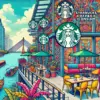 バンコク スタバICONSIAM店のイラスト。チャオプラヤ川を望むリバーサイドの絶景やカラフルな座席、タイ文化を反映したトロピカルな雰囲気を表現したポップなデザイン。