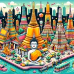 バンコクの3大寺院（ワットプラケオ、ワットアルン、ワットポー）をポップなイラストで描いた画像。エメラルド仏や涅槃仏、ワットアルンの壮大な仏塔が明るく鮮やかに表現され、タイの文化的な要素も含まれたブログアイキャッチ用のデザイン。